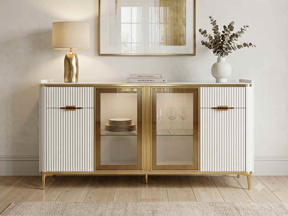 White and Gold Fluted Sideboard with Glass Showcase Handcrafted in Delhi