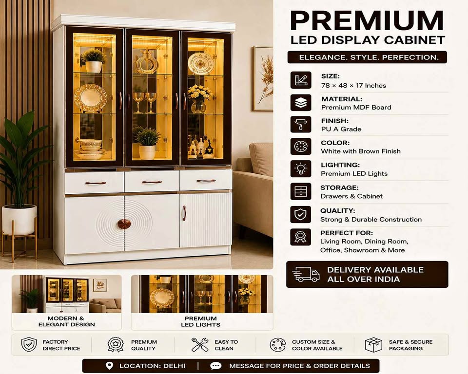 Modern 3-Door LED Display and Crockery Showcase in Delhi